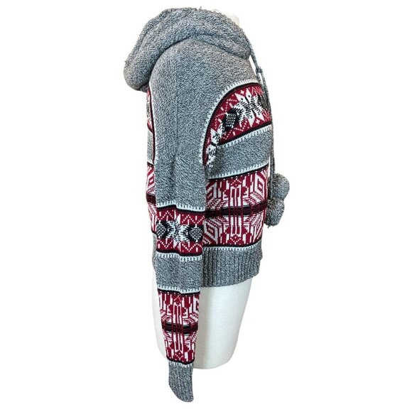Yet Again LS Snowflake Cropped Sweater Pom Pom Tie Fleece Hood Jrs M Gray & Red - Picture 4 of 9